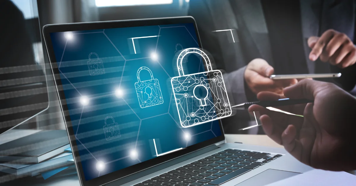 Security concept illustrated on a laptop screen, focusing on a cyber liability insurance application.